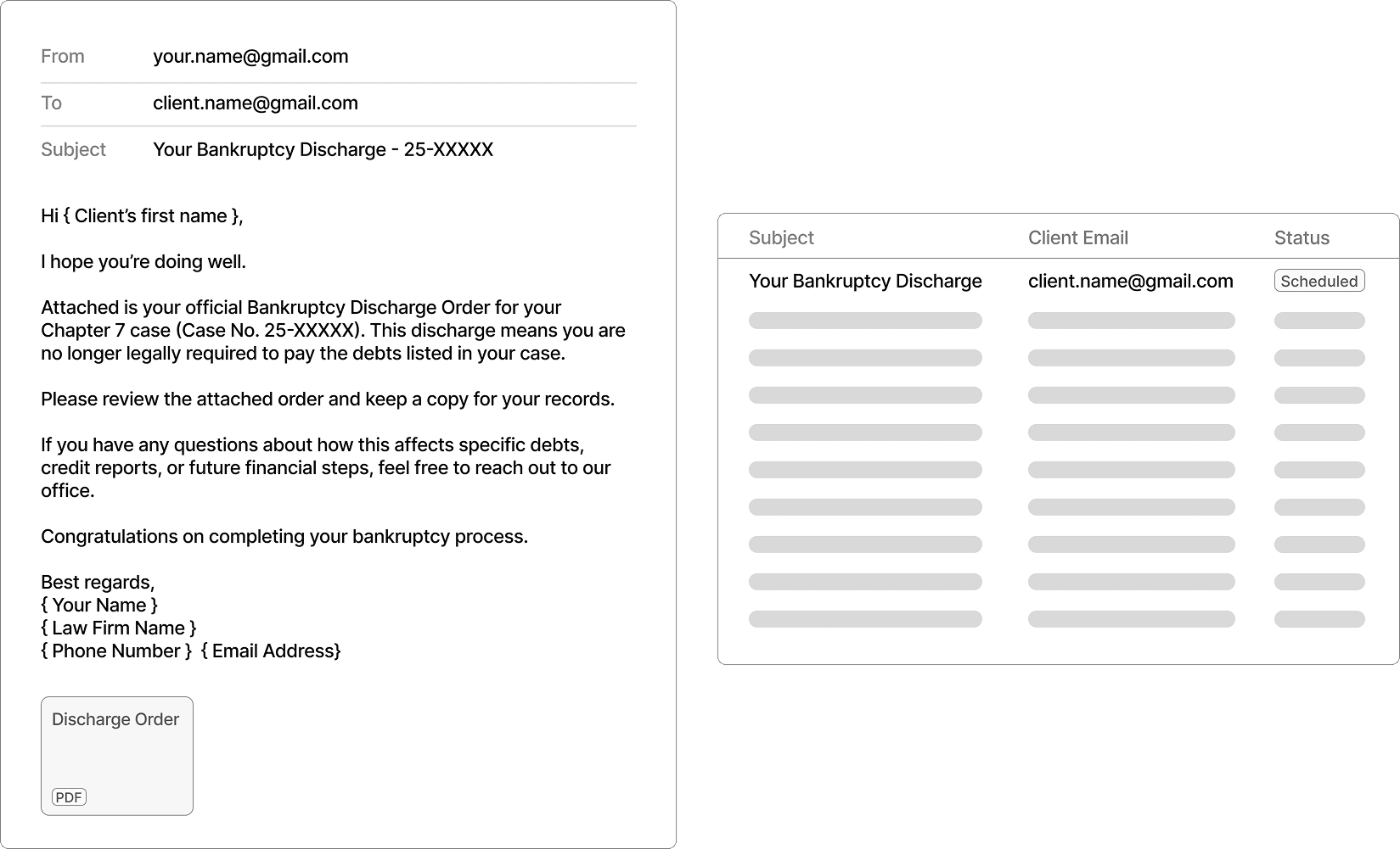 Screenshot of an automated client email merged from case data, next to a queue of scheduled notifications